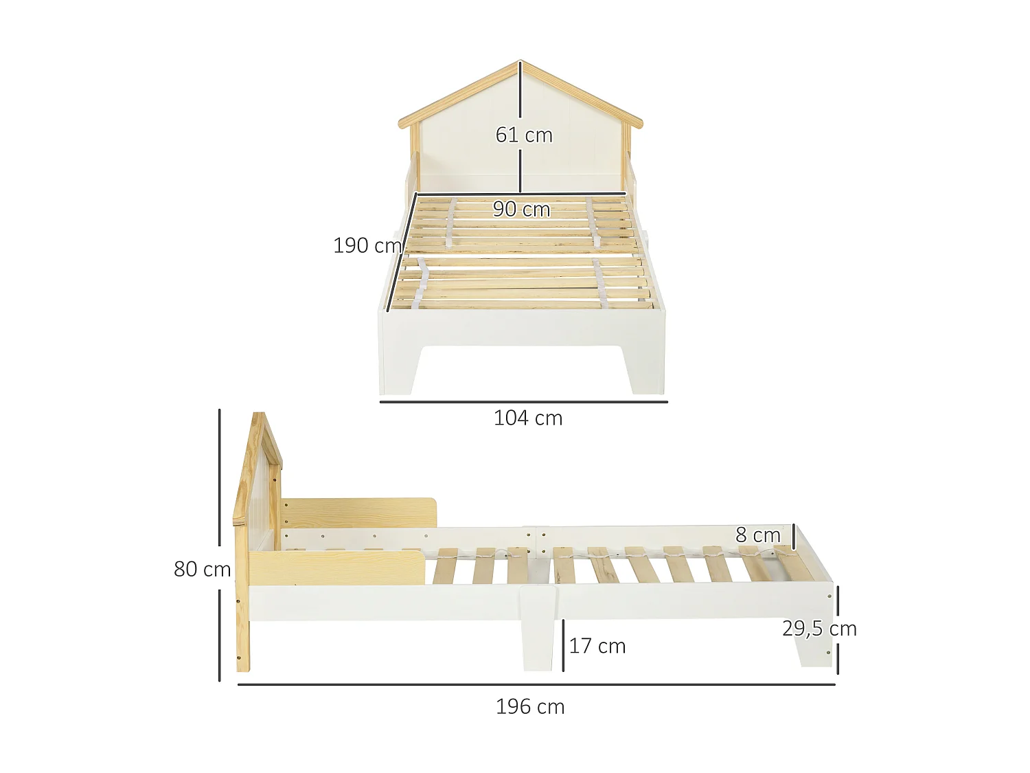 Lit enfant design maison dim. 90 x 190 cm - structure lit avec tête de lit et sommier à lattes inclus - bois pin MDF blanc aspect bois clair
