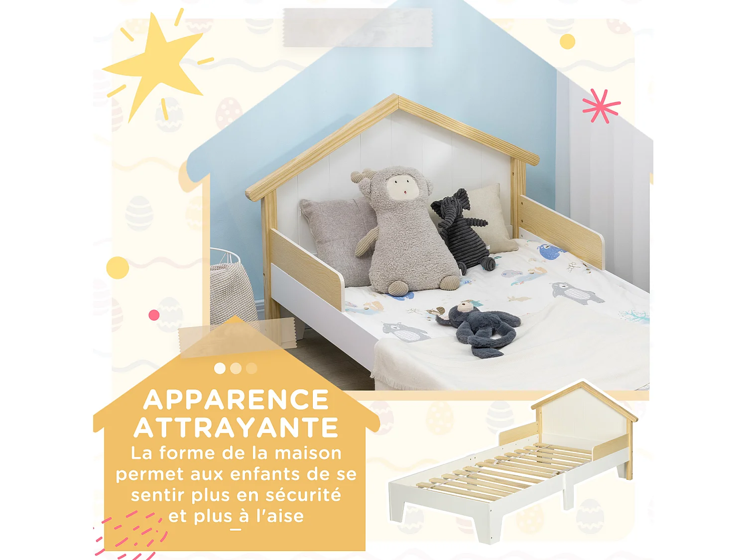 Lit enfant design maison dim. 90 x 190 cm - structure lit avec tête de lit et sommier à lattes inclus - bois pin MDF blanc aspect bois clair