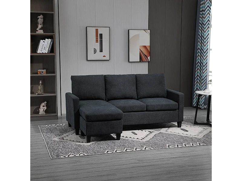 Canapé d'angle 3 places méridienne réversible garnissage mousse haute densité 28D tissu polyester gris foncé