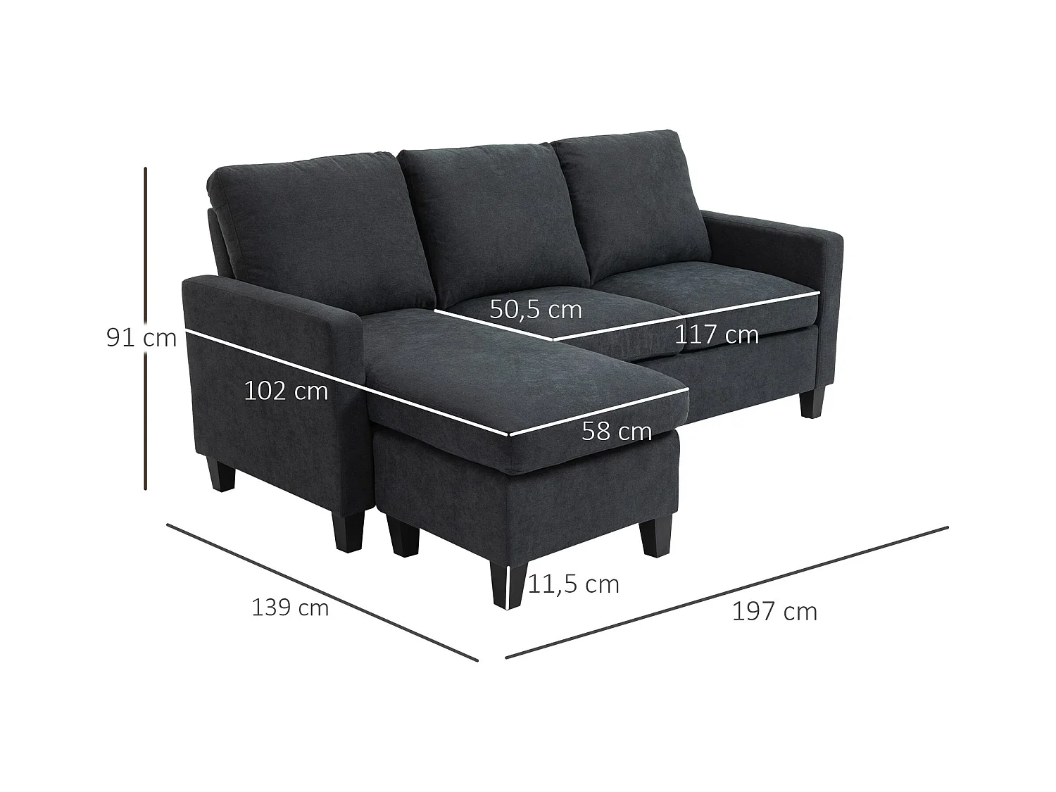 Canapé d'angle 3 places méridienne réversible garnissage mousse haute densité 28D tissu polyester gris foncé