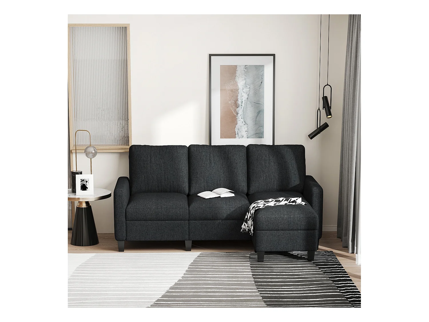 Canapé d'angle 3 places méridienne réversible garnissage mousse haute densité 28D tissu polyester gris foncé