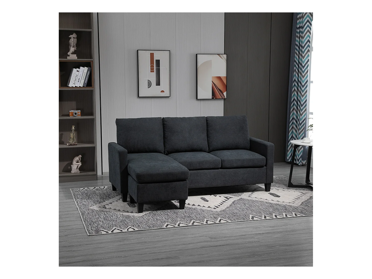 Canapé d'angle 3 places méridienne réversible garnissage mousse haute densité 28D tissu polyester gris foncé