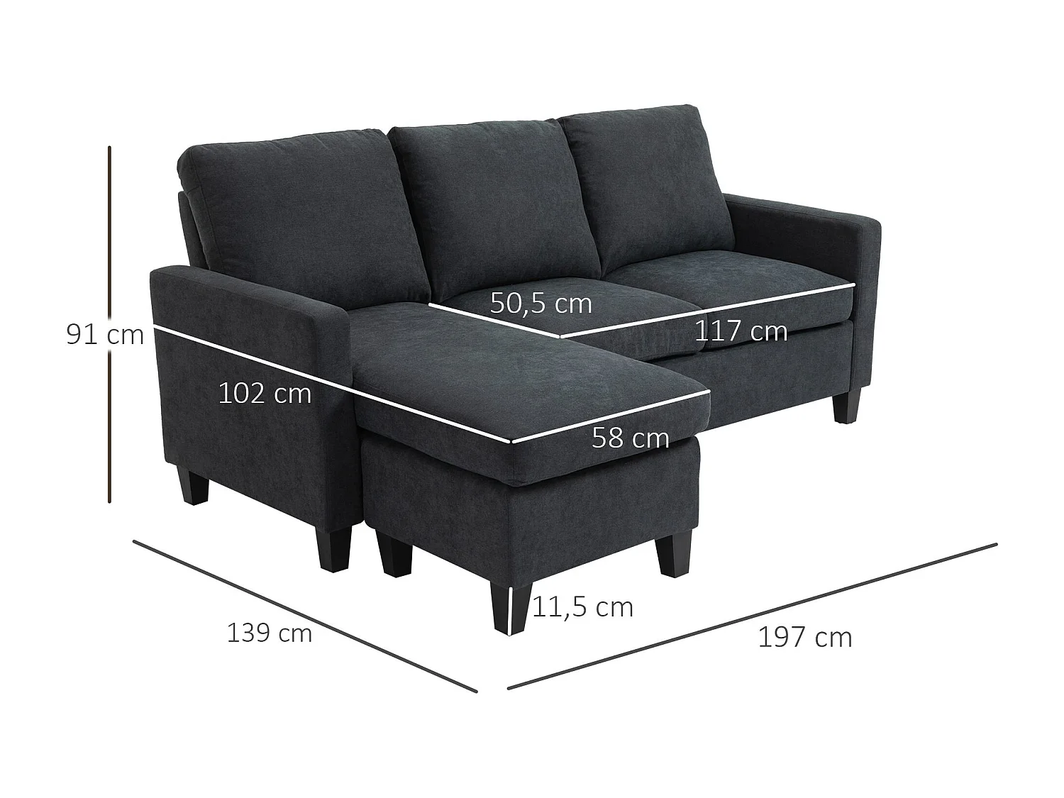 Canapé d'angle 3 places méridienne réversible garnissage mousse haute densité 28D tissu polyester gris foncé