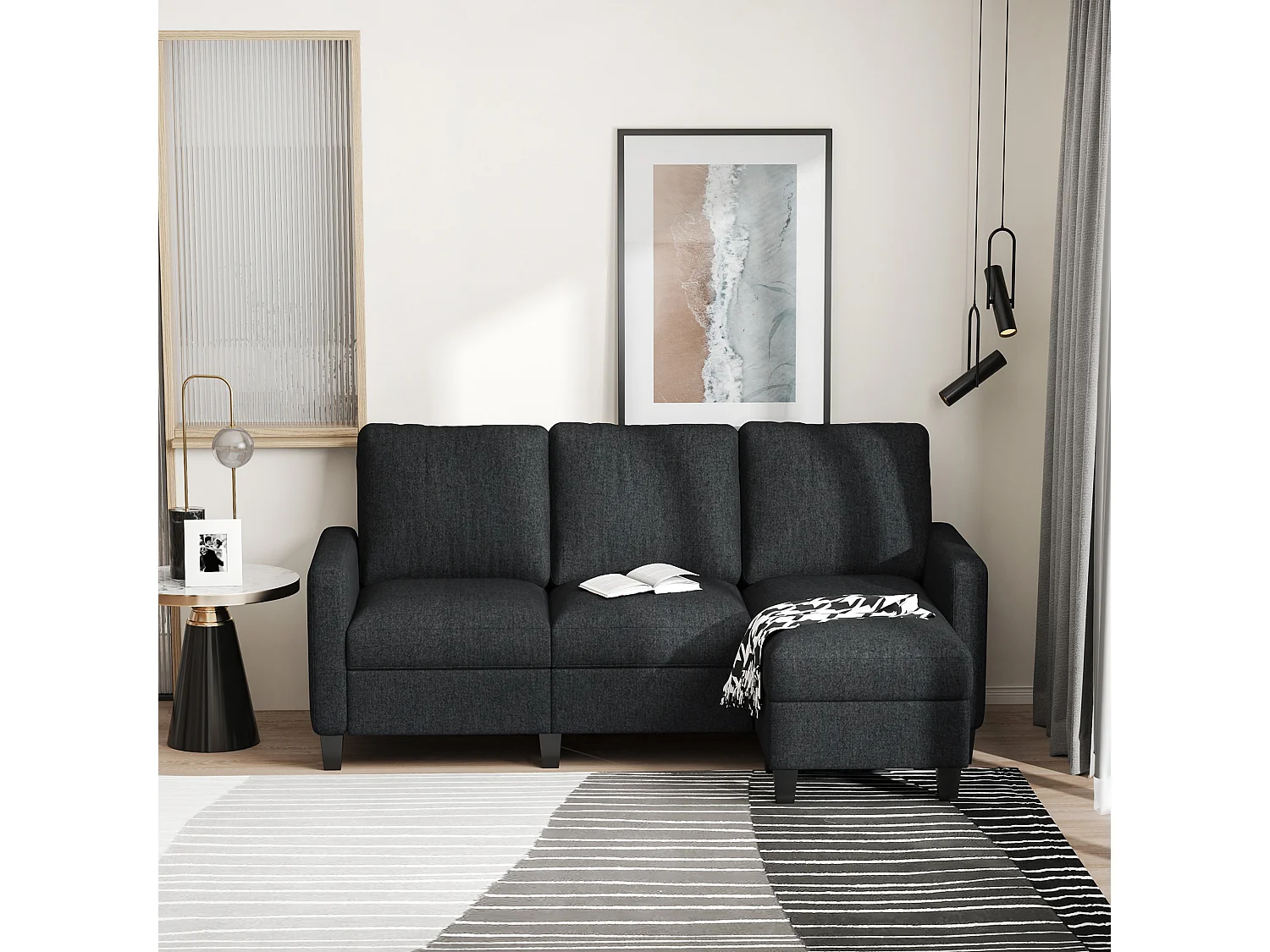 Canapé d'angle 3 places méridienne réversible garnissage mousse haute densité 28D tissu polyester gris foncé