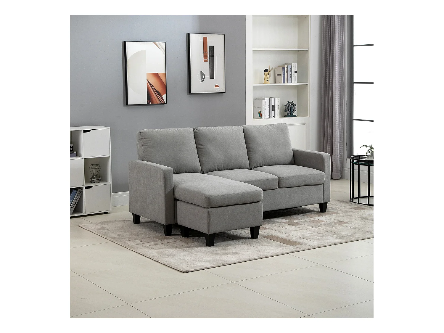 Canapé d'angle 3 places méridienne réversible garnissage mousse haute densité 28D tissu polyester gris clair