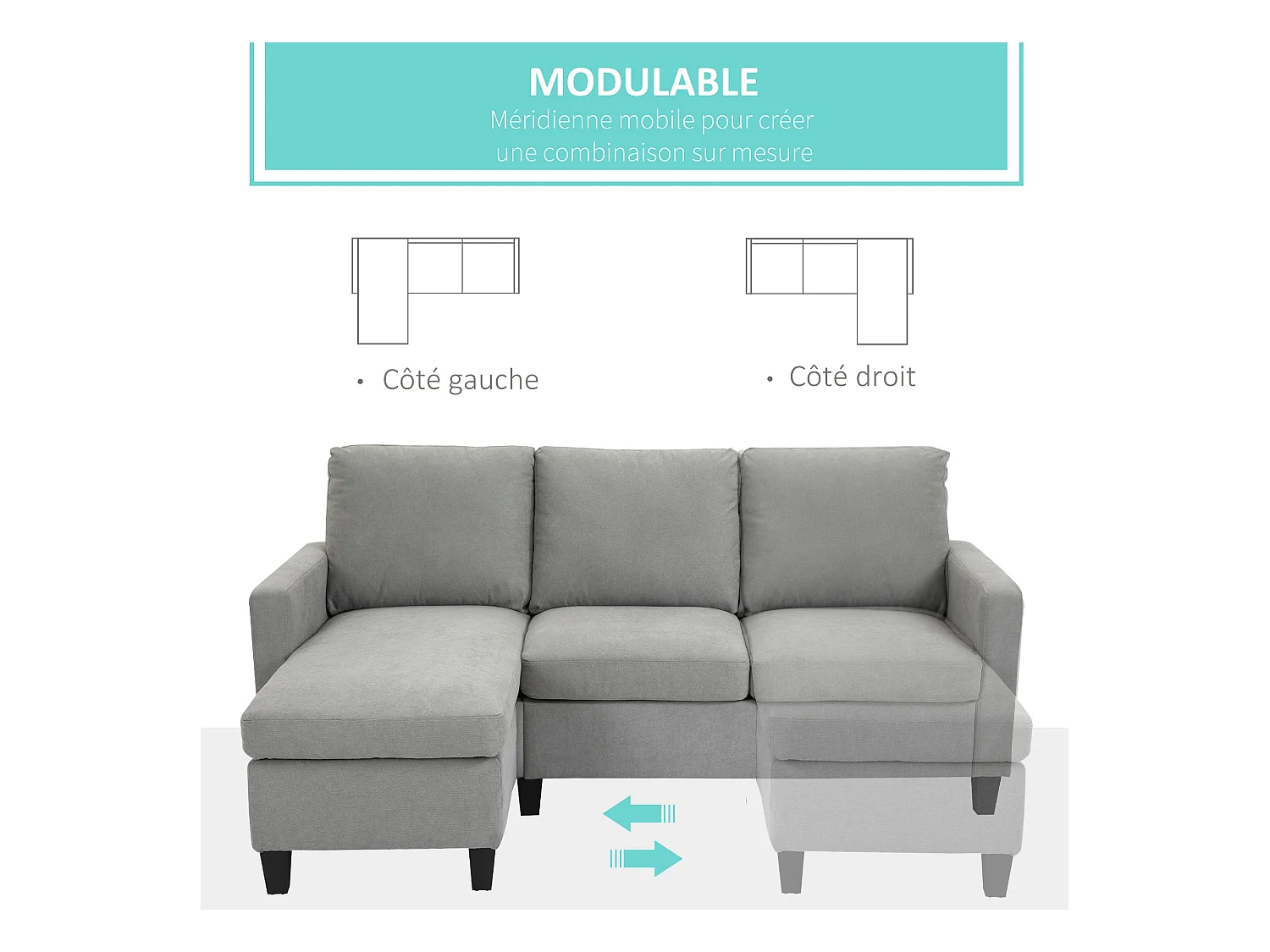 Canapé d'angle 3 places méridienne réversible garnissage mousse haute densité 28D tissu polyester gris clair