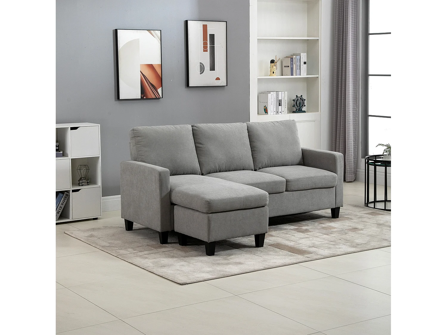 Canapé d'angle 3 places méridienne réversible garnissage mousse haute densité 28D tissu polyester gris clair