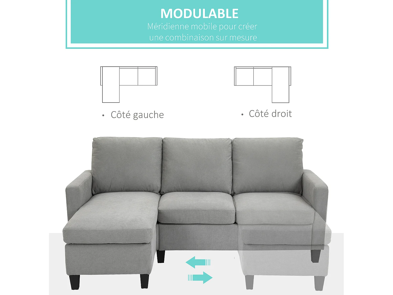 Canapé d'angle 3 places méridienne réversible garnissage mousse haute densité 28D tissu polyester gris clair