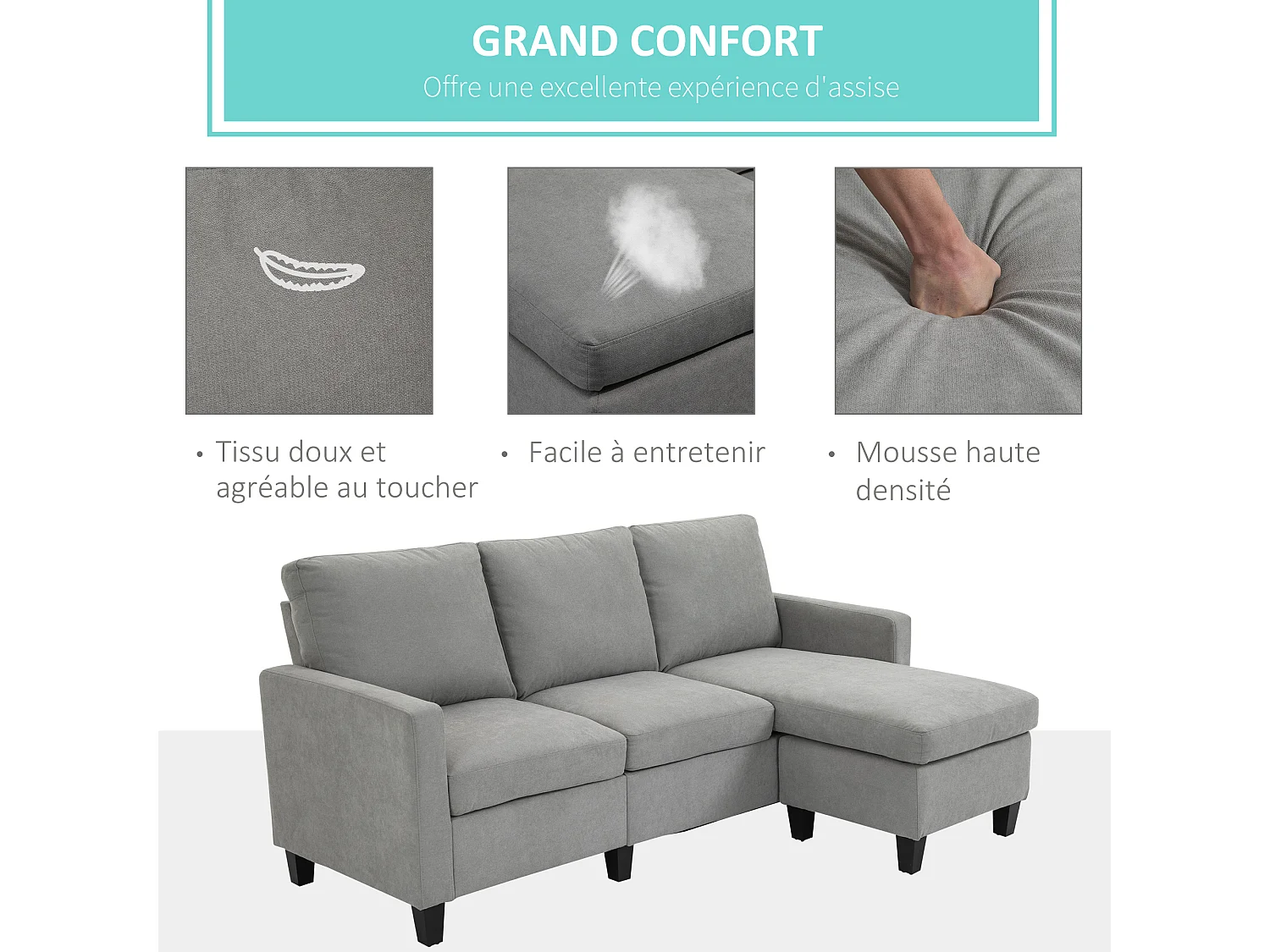 Canapé d'angle 3 places méridienne réversible garnissage mousse haute densité 28D tissu polyester gris clair