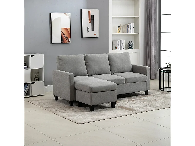 Canapé d'angle 3 places méridienne réversible garnissage mousse haute densité 28D tissu polyester gris clair