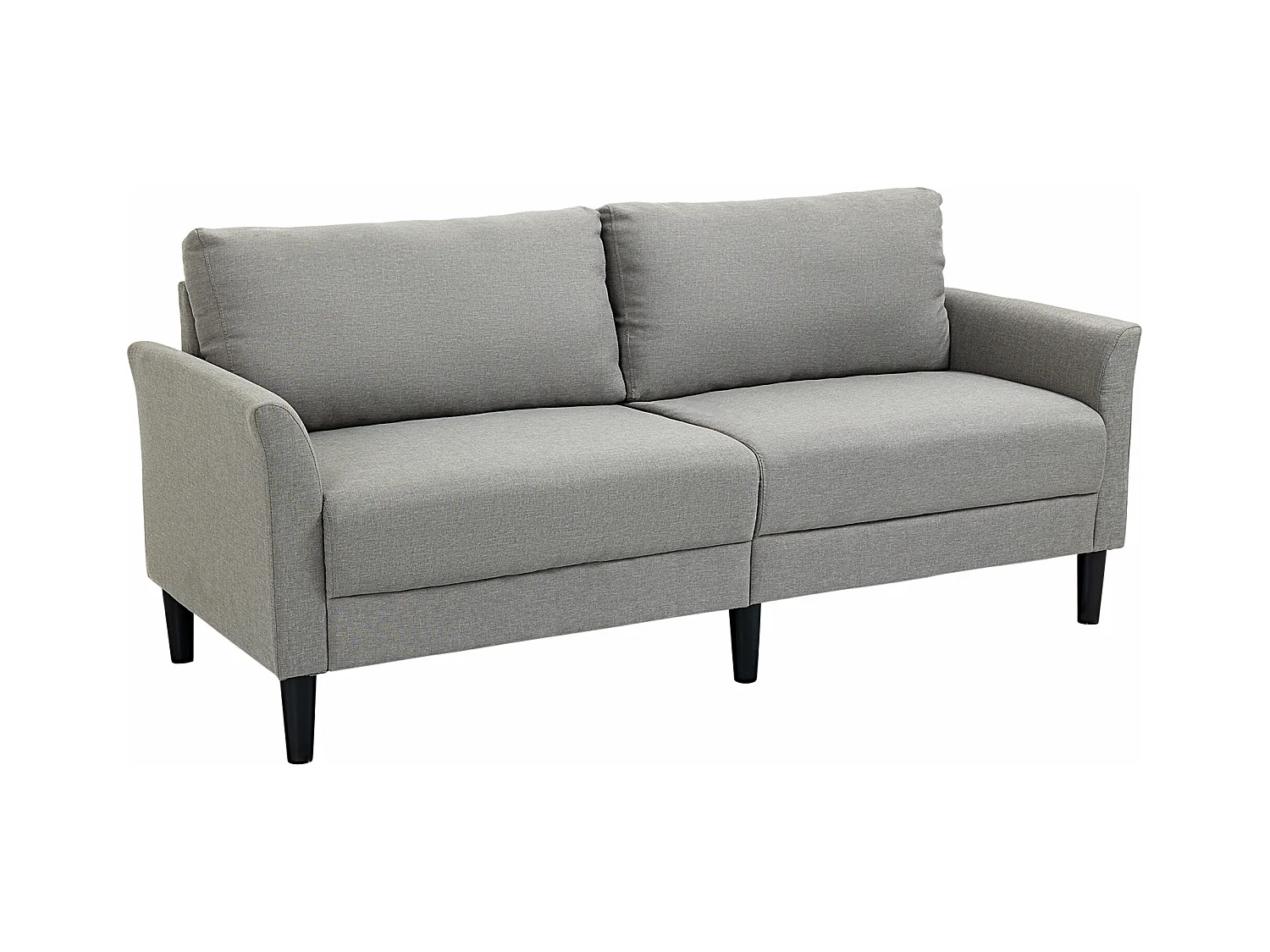 Canapé 2 places style contemporain assises larges profondes accoudoirs courbés piètement effilé bois hévéa noir polyester gris clair