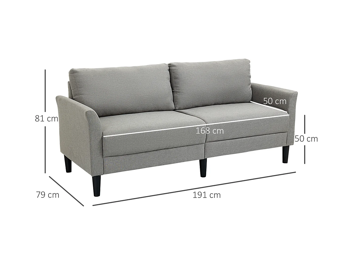 Canapé 2 places style contemporain assises larges profondes accoudoirs courbés piètement effilé bois hévéa noir polyester gris clair