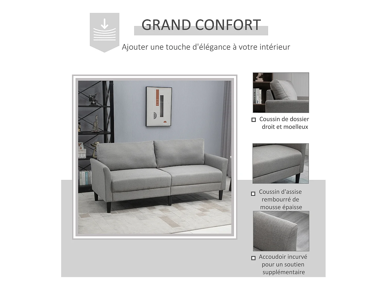 Canapé 2 places style contemporain assises larges profondes accoudoirs courbés piètement effilé bois hévéa noir polyester gris clair