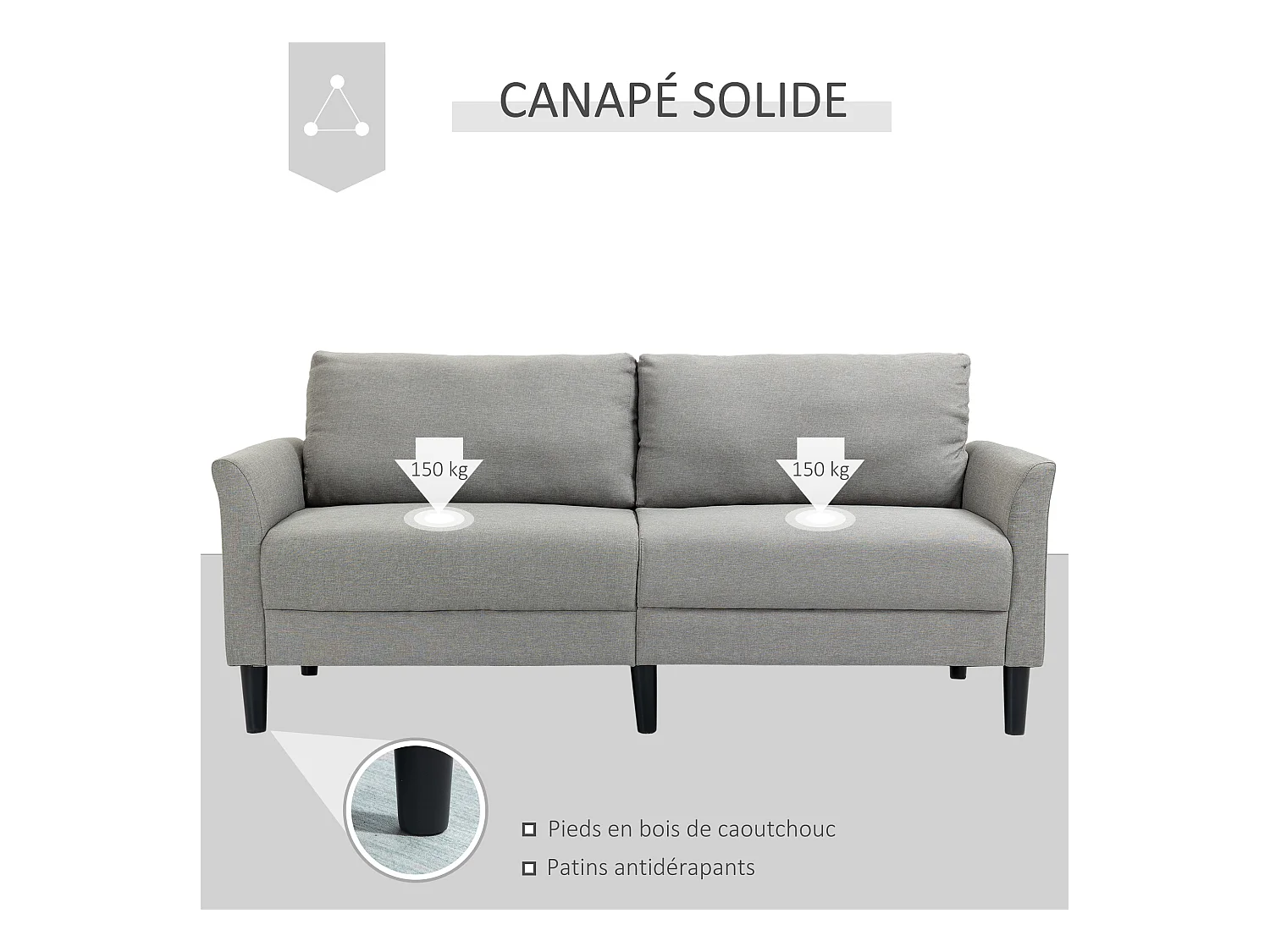 Canapé 2 places style contemporain assises larges profondes accoudoirs courbés piètement effilé bois hévéa noir polyester gris clair