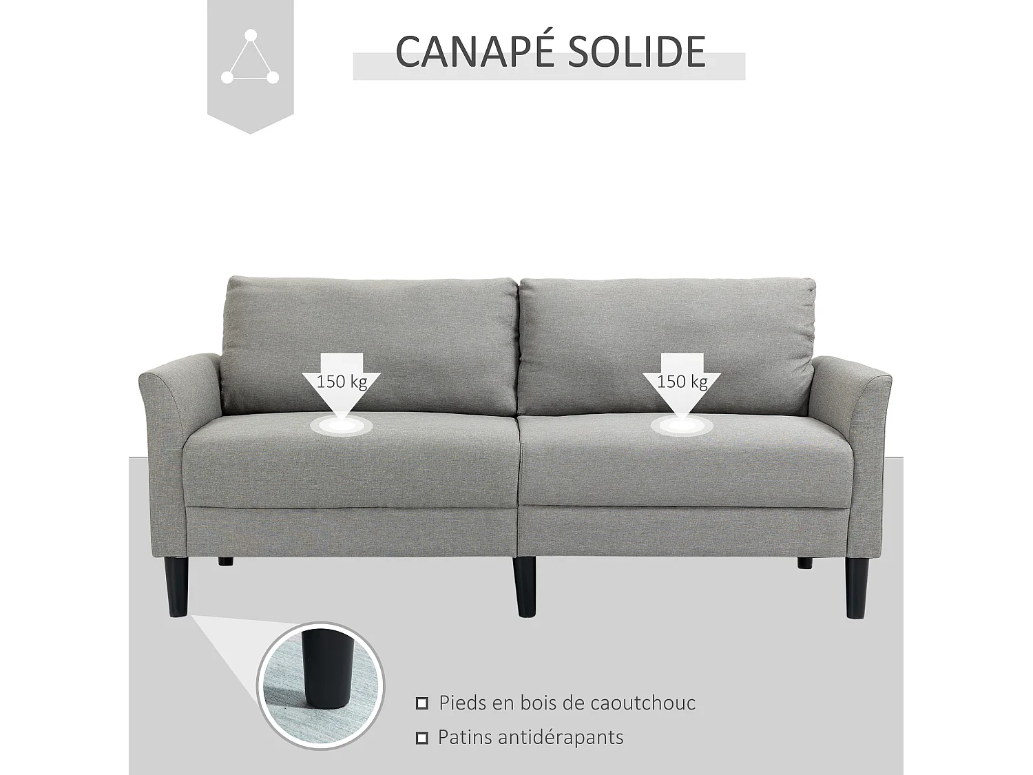 Canapé 2 places style contemporain assises larges profondes accoudoirs courbés piètement effilé bois hévéa noir polyester gris clair