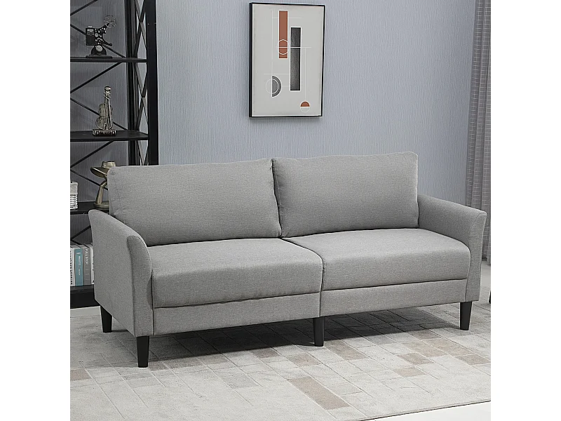 Canapé 2 places style contemporain assises larges profondes accoudoirs courbés piètement effilé bois hévéa noir polyester gris clair