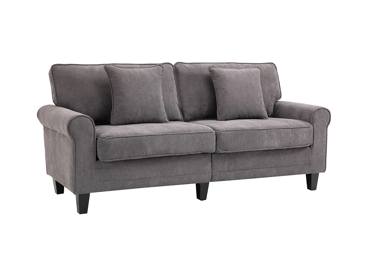 Canapé 3 places dim. 197L x 84P x 90H cm coussin déco. inclus pieds bois massif pin tissu aspect velours côtelé gris