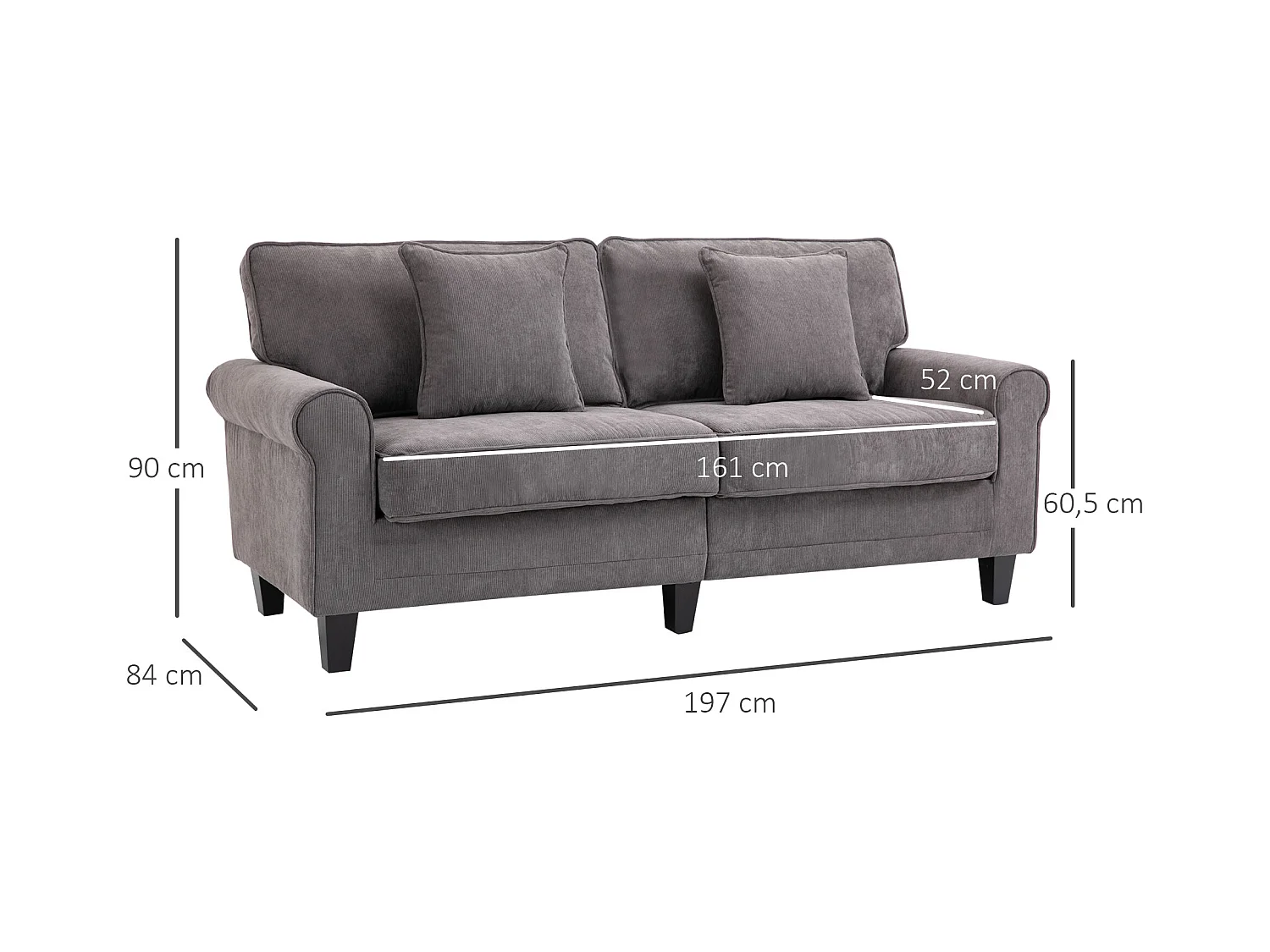 Canapé 3 places dim. 197L x 84P x 90H cm coussin déco. inclus pieds bois massif pin tissu aspect velours côtelé gris