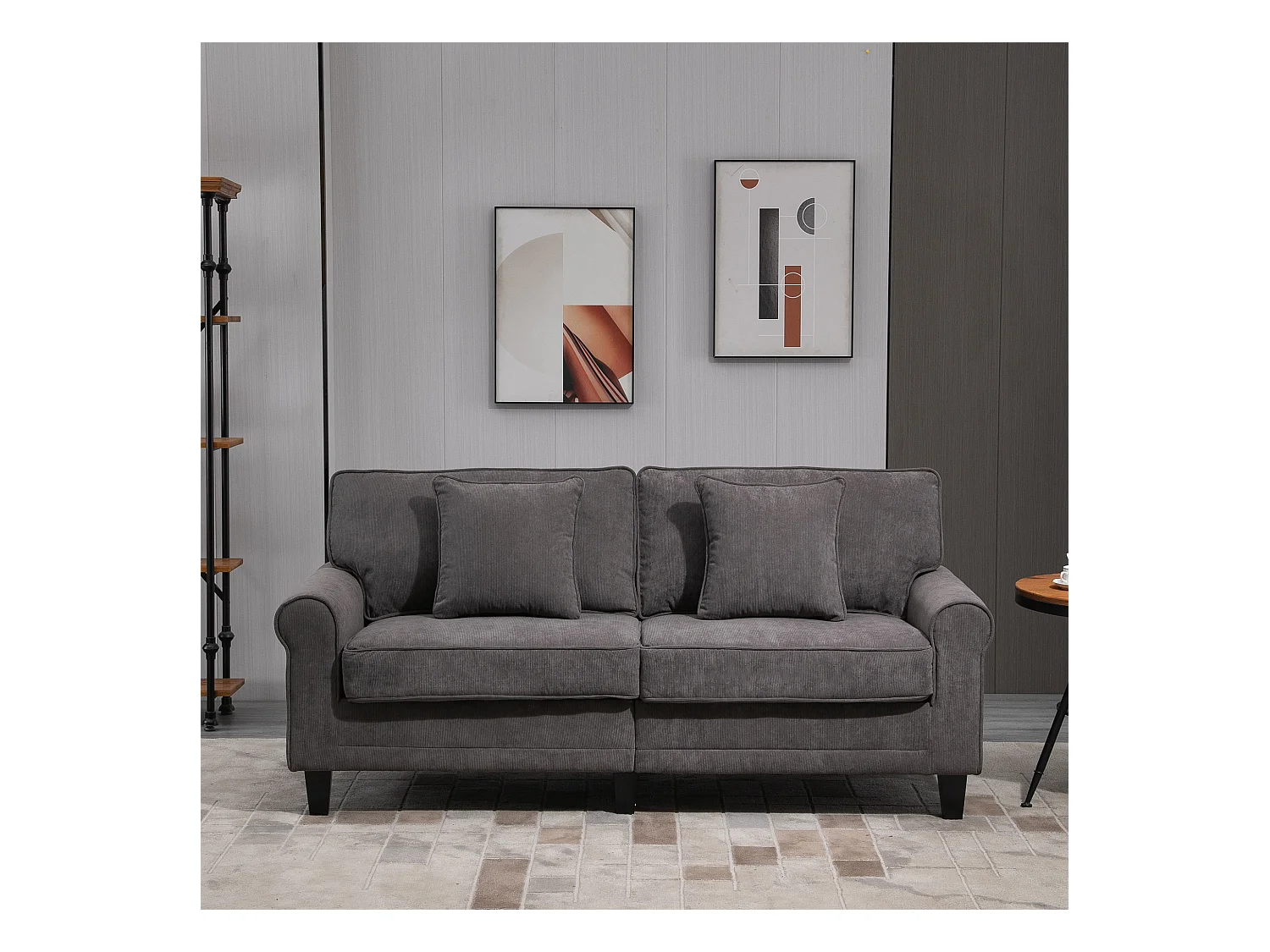 Canapé 3 places dim. 197L x 84P x 90H cm coussin déco. inclus pieds bois massif pin tissu aspect velours côtelé gris