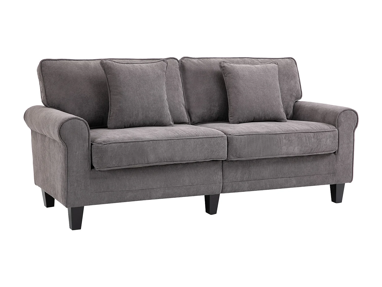 Canapé 3 places dim. 197L x 84P x 90H cm coussin déco. inclus pieds bois massif pin tissu aspect velours côtelé gris