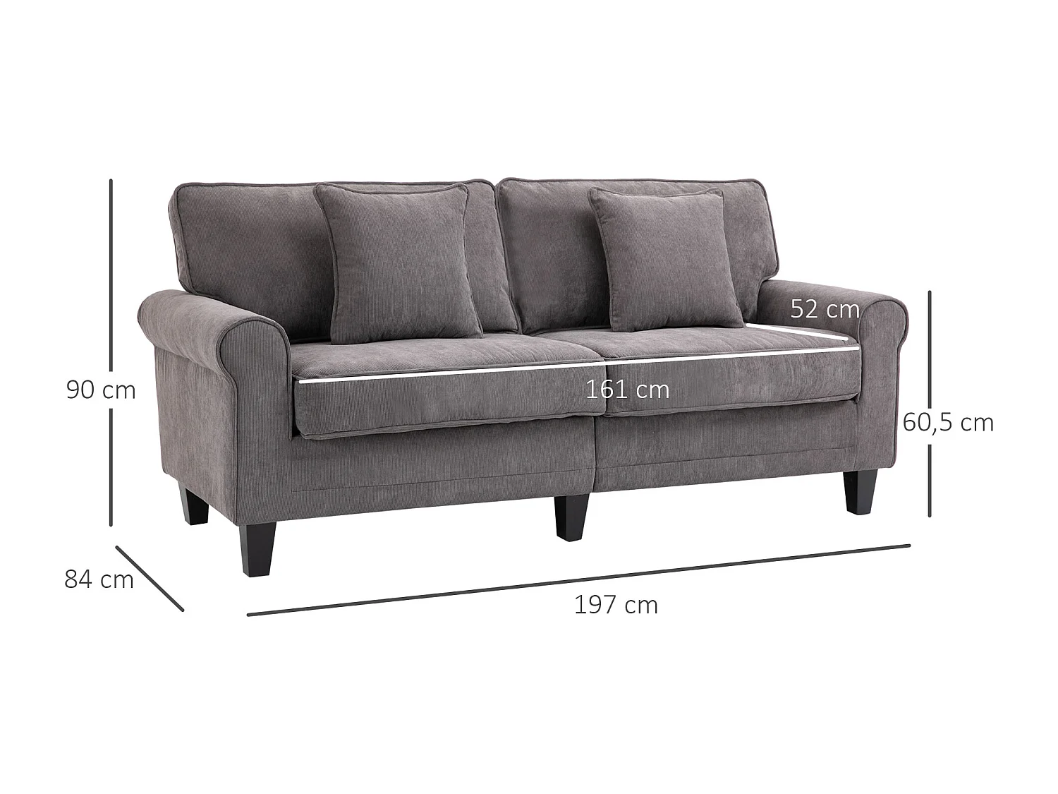 Canapé 3 places dim. 197L x 84P x 90H cm coussin déco. inclus pieds bois massif pin tissu aspect velours côtelé gris