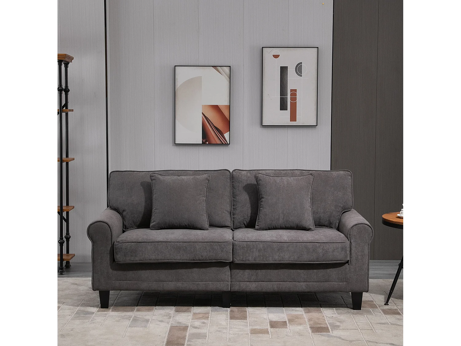 Canapé 3 places dim. 197L x 84P x 90H cm coussin déco. inclus pieds bois massif pin tissu aspect velours côtelé gris