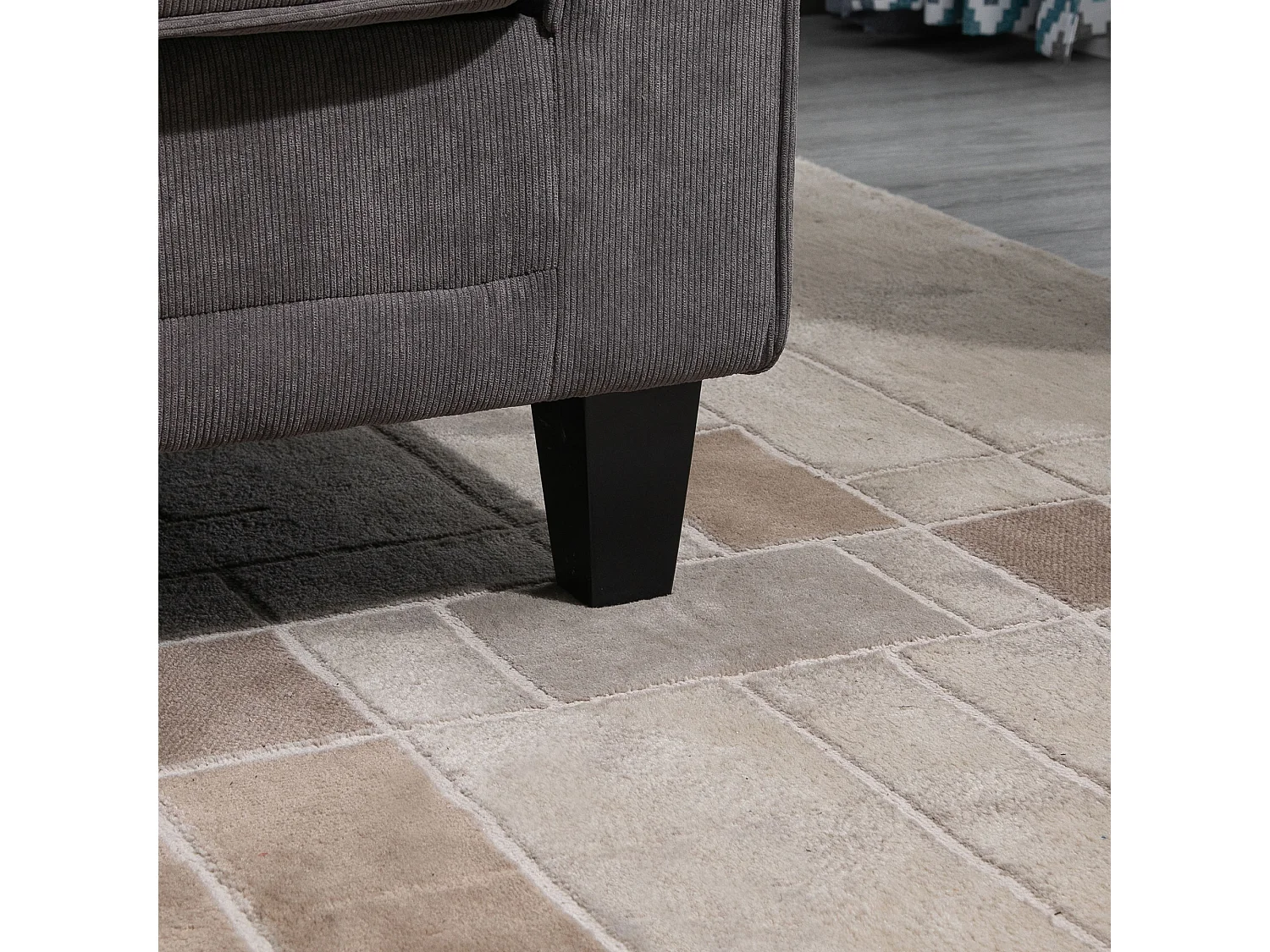 Canapé 3 places dim. 197L x 84P x 90H cm coussin déco. inclus pieds bois massif pin tissu aspect velours côtelé gris