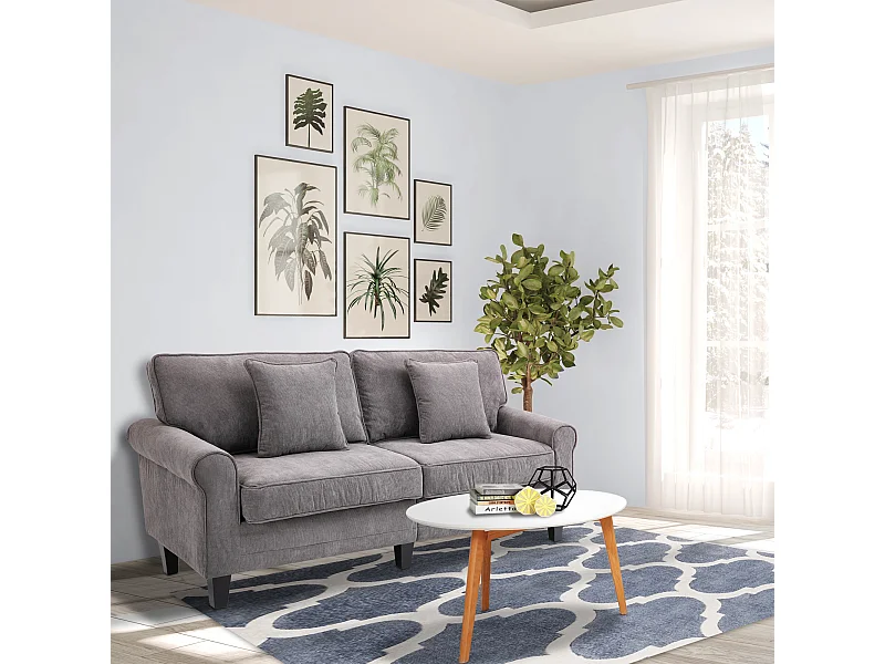 Canapé 3 places dim. 197L x 84P x 90H cm coussin déco. inclus pieds bois massif pin tissu aspect velours côtelé gris