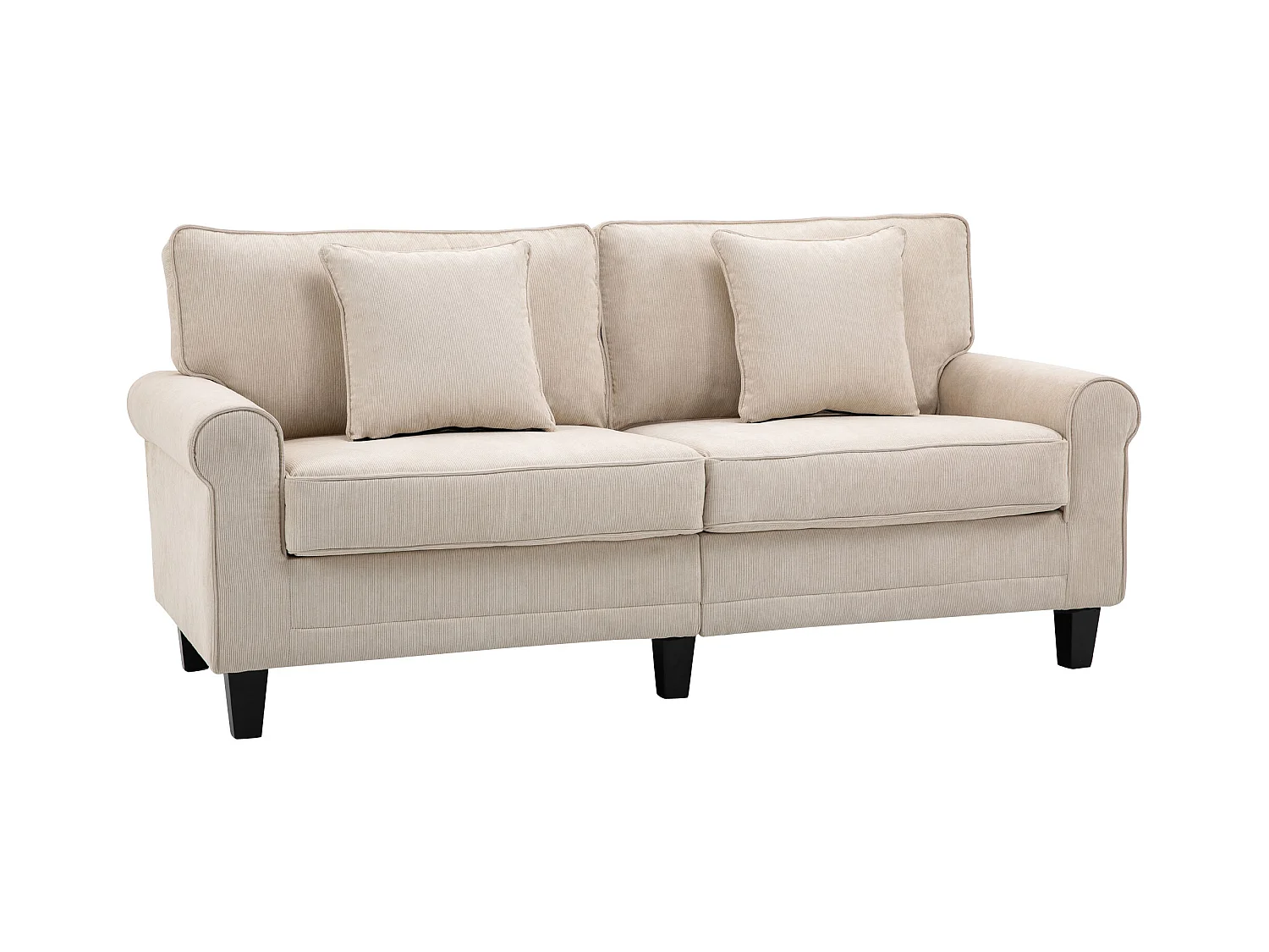 Canapé 3 places dim. 197L x 84P x 90H cm coussin déco. inclus pieds bois massif pin tissu aspect velours côtelé beige