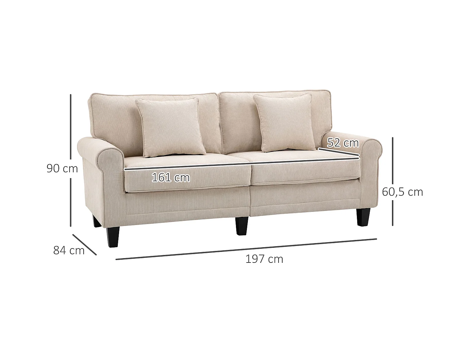 Canapé 3 places dim. 197L x 84P x 90H cm coussin déco. inclus pieds bois massif pin tissu aspect velours côtelé beige