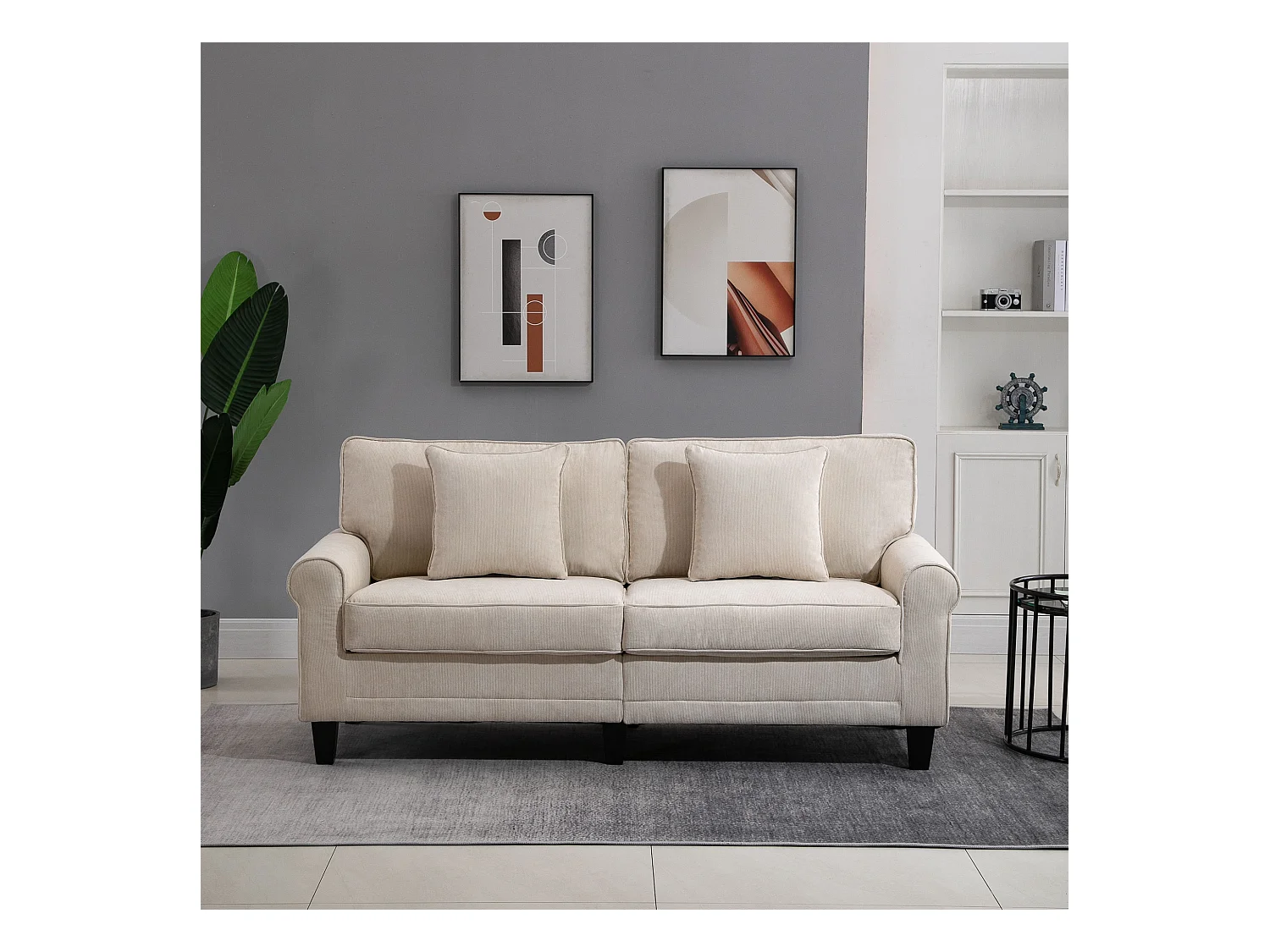 Canapé 3 places dim. 197L x 84P x 90H cm coussin déco. inclus pieds bois massif pin tissu aspect velours côtelé beige