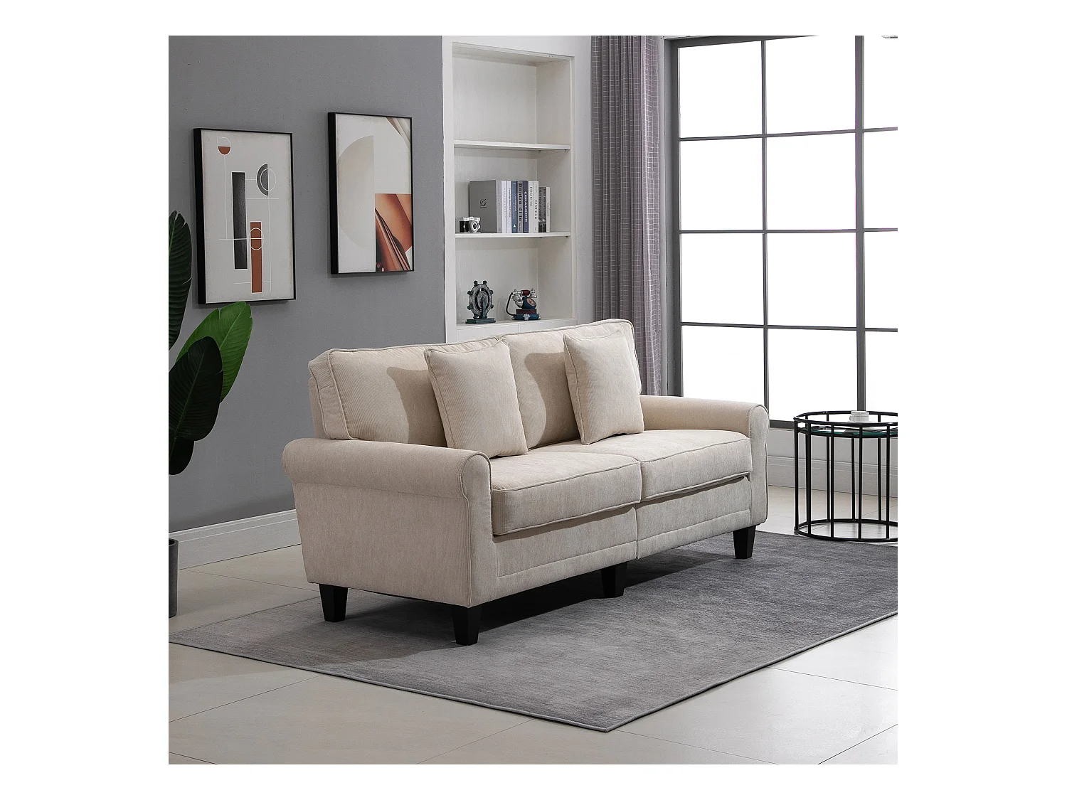 Canapé 3 places dim. 197L x 84P x 90H cm coussin déco. inclus pieds bois massif pin tissu aspect velours côtelé beige