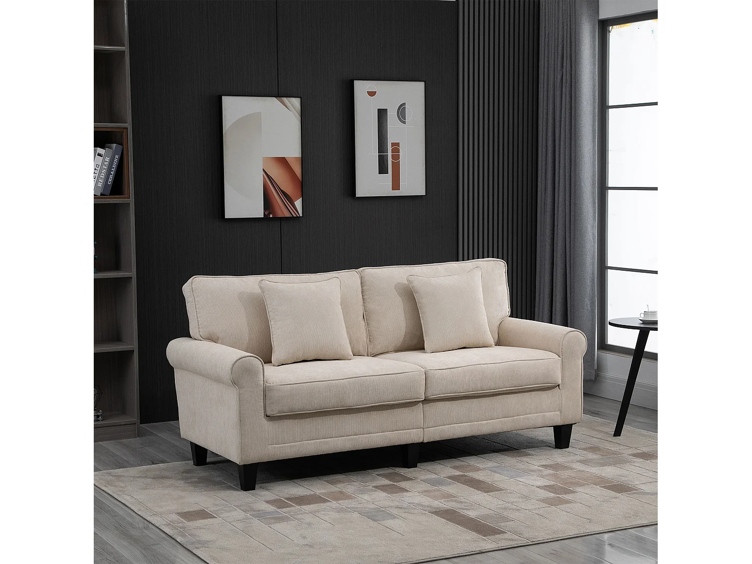 Canapé 3 places dim. 197L x 84P x 90H cm coussin déco. inclus pieds bois massif pin tissu aspect velours côtelé beige