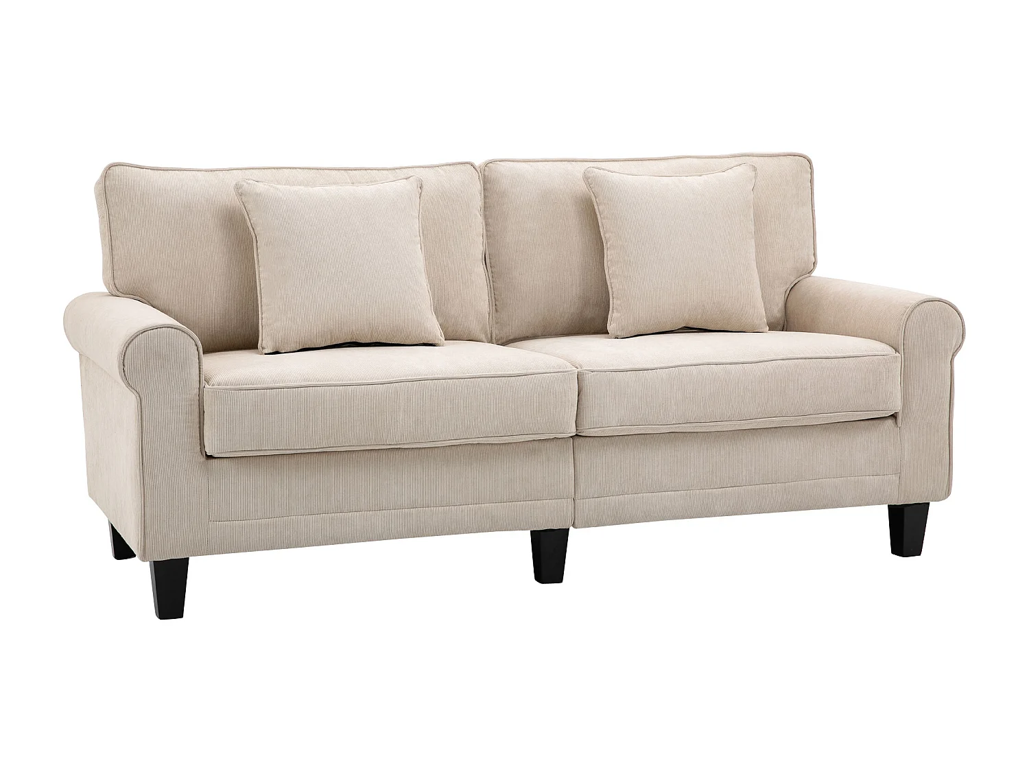 Canapé 3 places dim. 197L x 84P x 90H cm coussin déco. inclus pieds bois massif pin tissu aspect velours côtelé beige