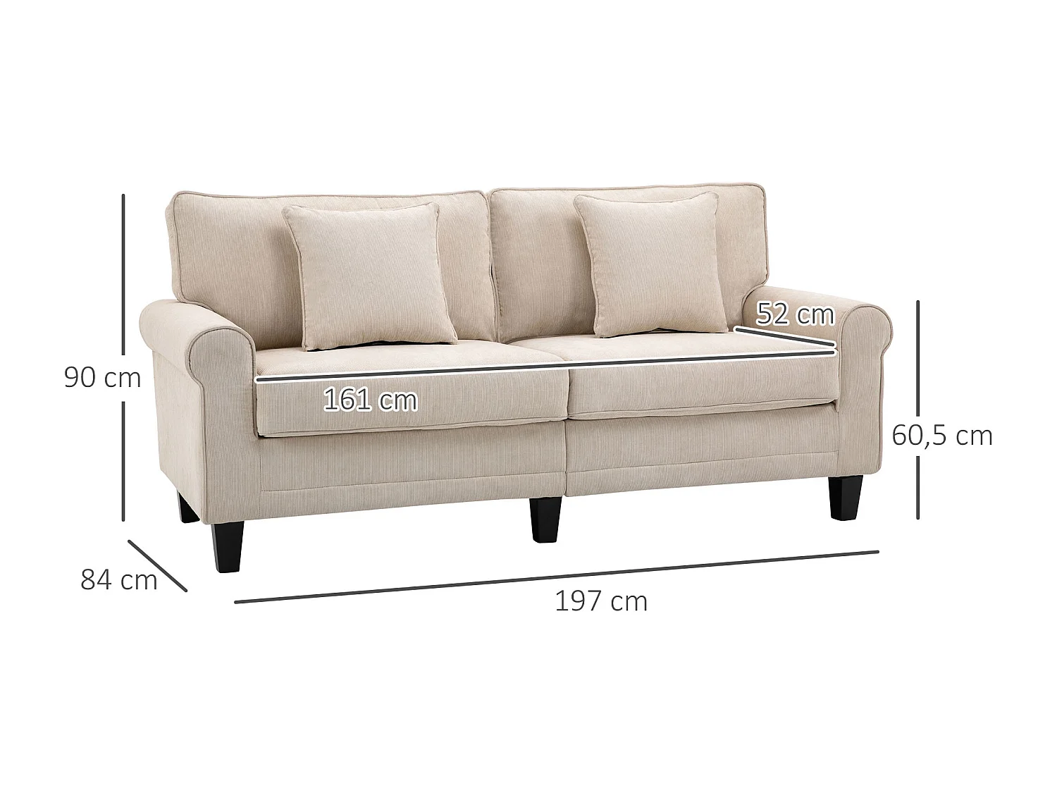 Canapé 3 places dim. 197L x 84P x 90H cm coussin déco. inclus pieds bois massif pin tissu aspect velours côtelé beige
