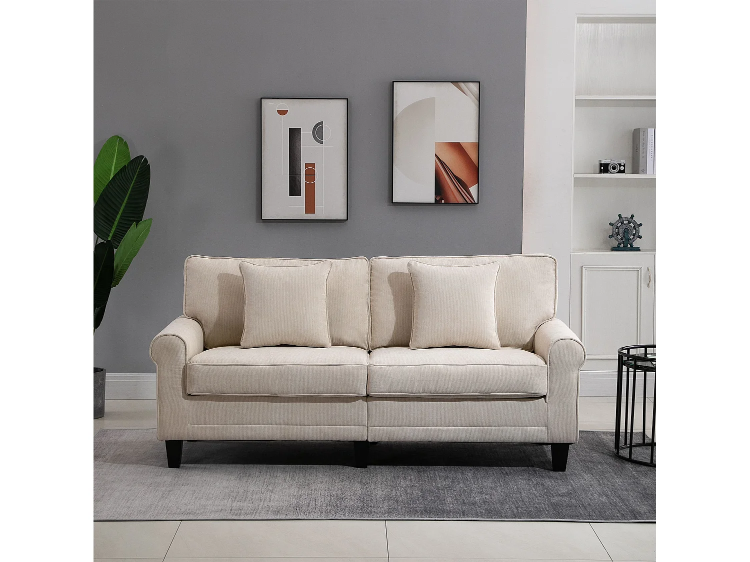 Canapé 3 places dim. 197L x 84P x 90H cm coussin déco. inclus pieds bois massif pin tissu aspect velours côtelé beige