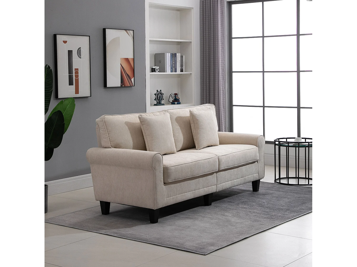 Canapé 3 places dim. 197L x 84P x 90H cm coussin déco. inclus pieds bois massif pin tissu aspect velours côtelé beige