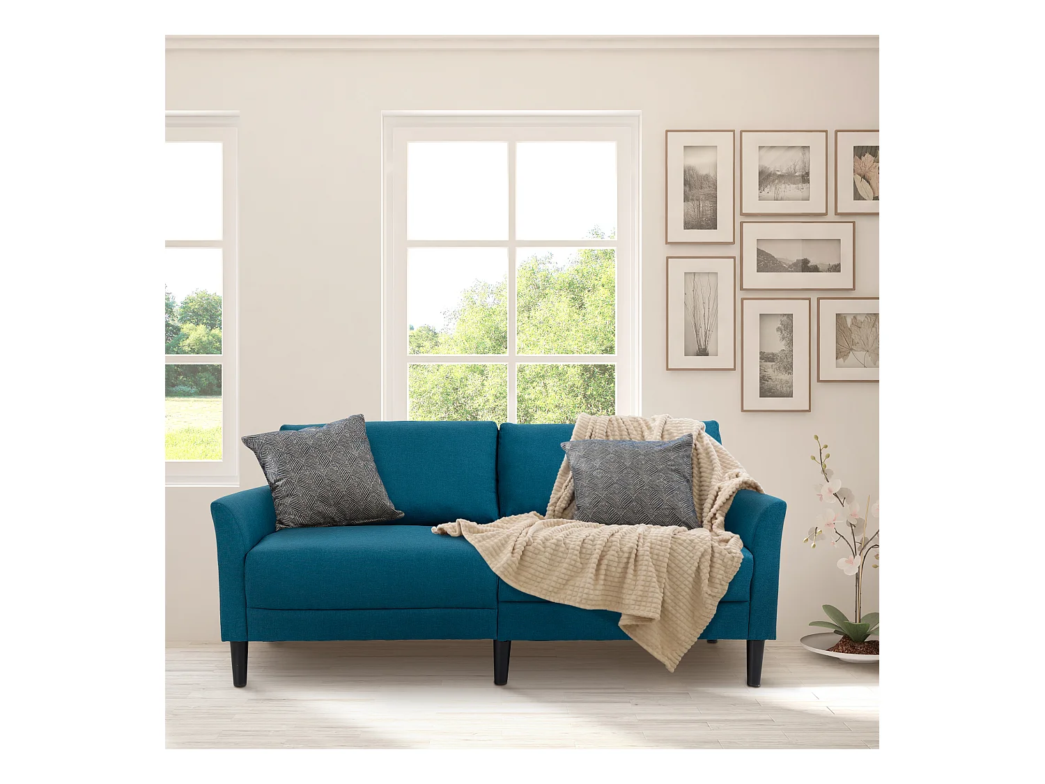 Canapé 2 places style contemporain assises larges profondes accoudoirs courbés piètement effilé bois hévéa noir polyester bleu canard