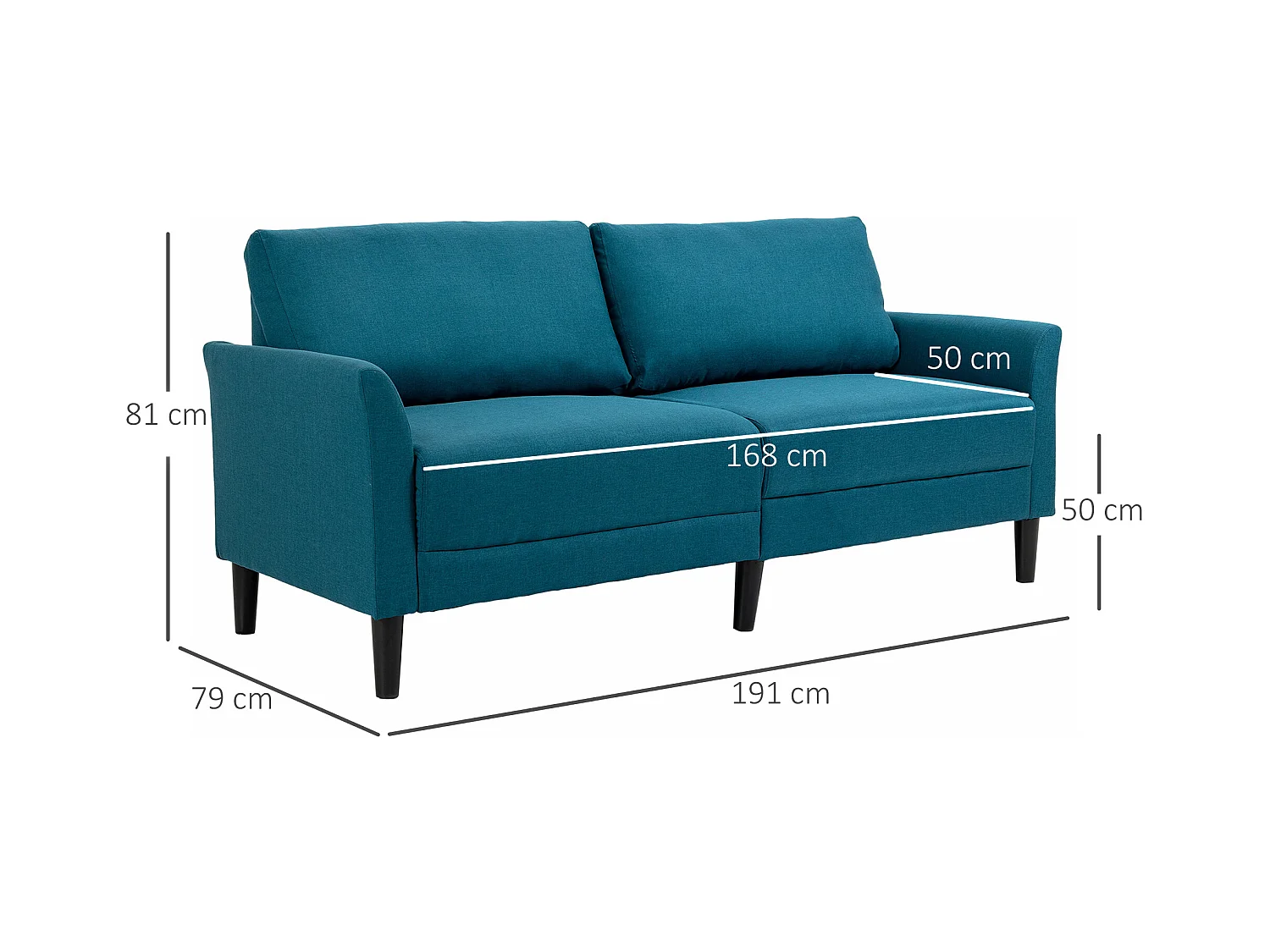 Canapé 2 places style contemporain assises larges profondes accoudoirs courbés piètement effilé bois hévéa noir polyester bleu canard