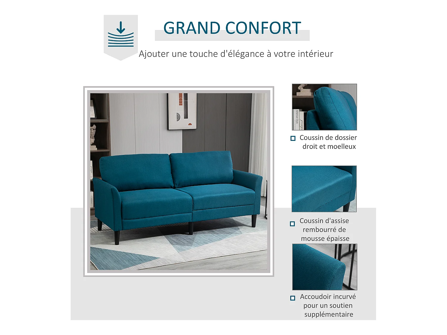 Canapé 2 places style contemporain assises larges profondes accoudoirs courbés piètement effilé bois hévéa noir polyester bleu canard