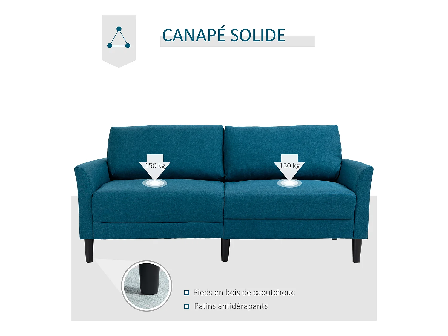 Canapé 2 places style contemporain assises larges profondes accoudoirs courbés piètement effilé bois hévéa noir polyester bleu canard
