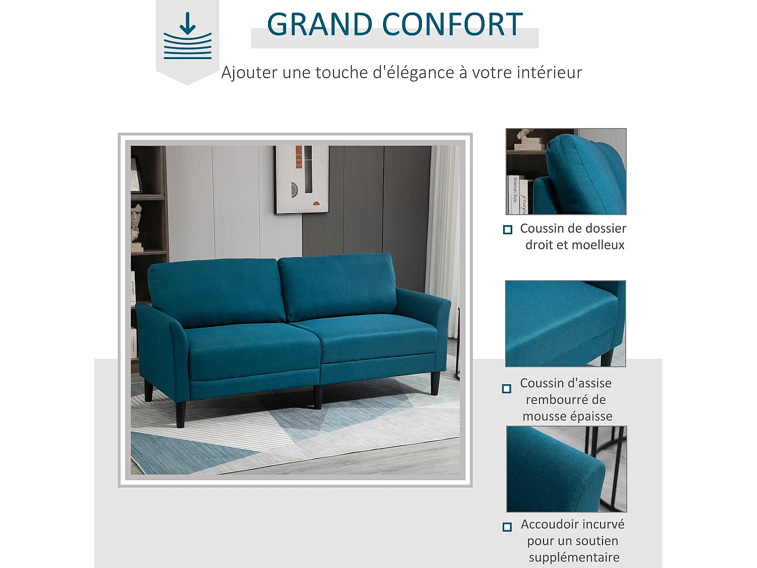 Canapé 2 places style contemporain assises larges profondes accoudoirs courbés piètement effilé bois hévéa noir polyester bleu canard