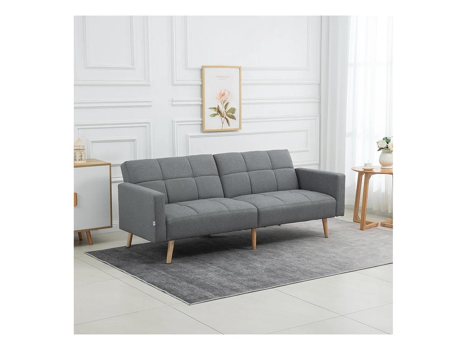 Canapé convertible 2 places design scandinave dossier inclinable 3 positions piètement bois tissu aspect lin gris