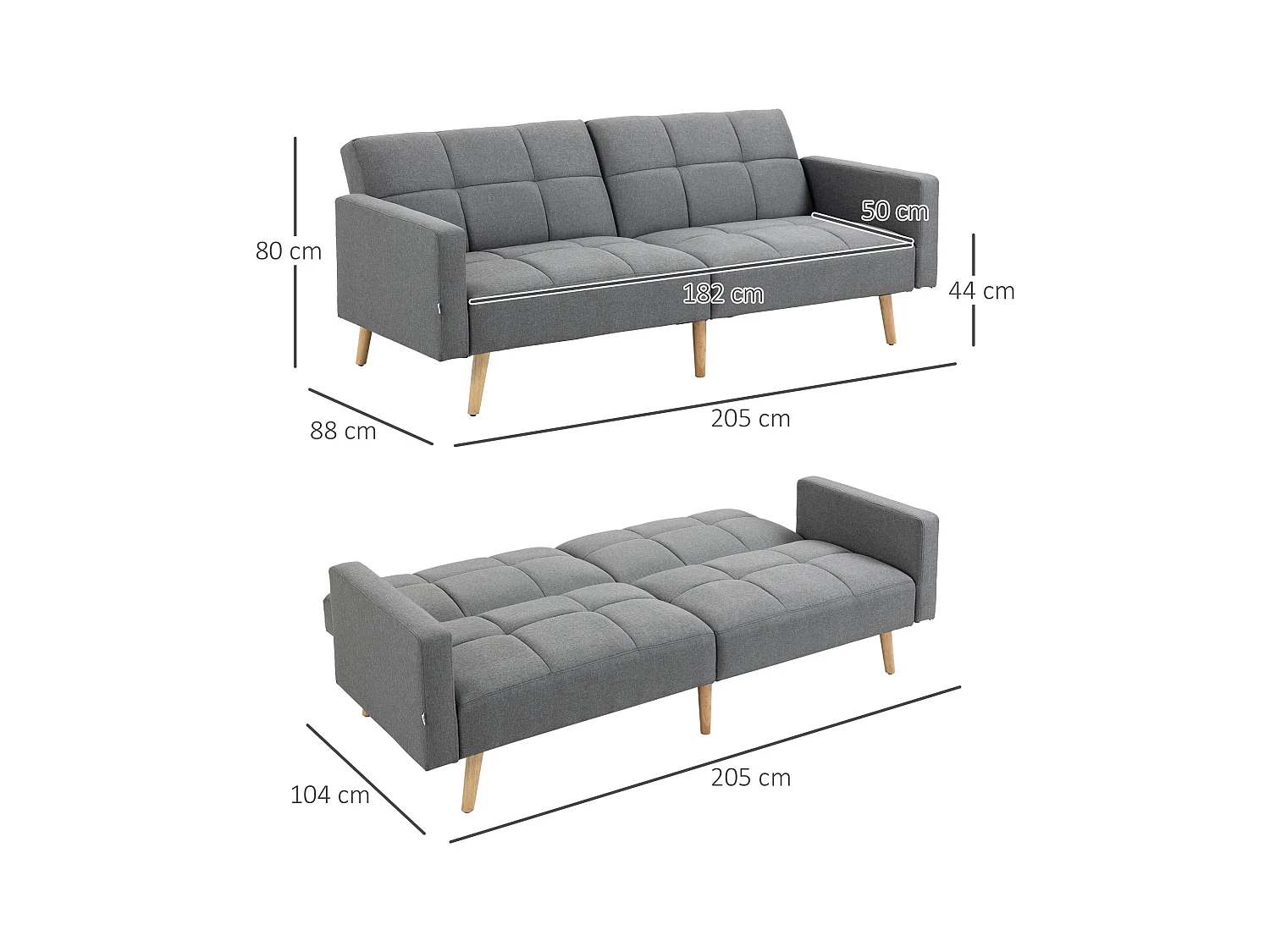 Canapé convertible 2 places design scandinave dossier inclinable 3 positions piètement bois tissu aspect lin gris