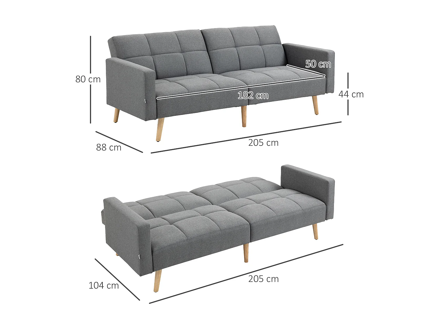 Canapé convertible 2 places design scandinave dossier inclinable 3 positions piètement bois tissu aspect lin gris