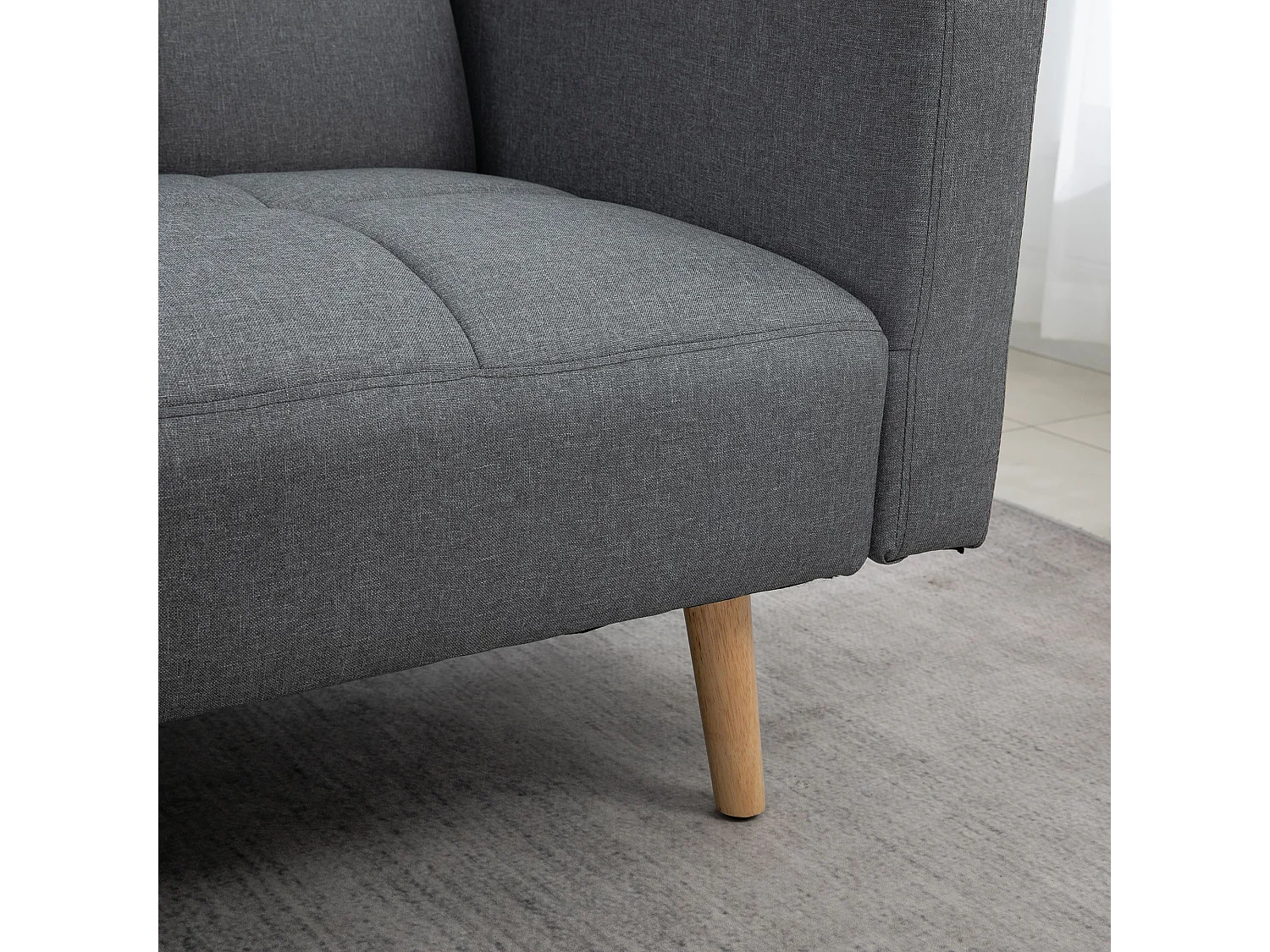 Canapé convertible 2 places design scandinave dossier inclinable 3 positions piètement bois tissu aspect lin gris