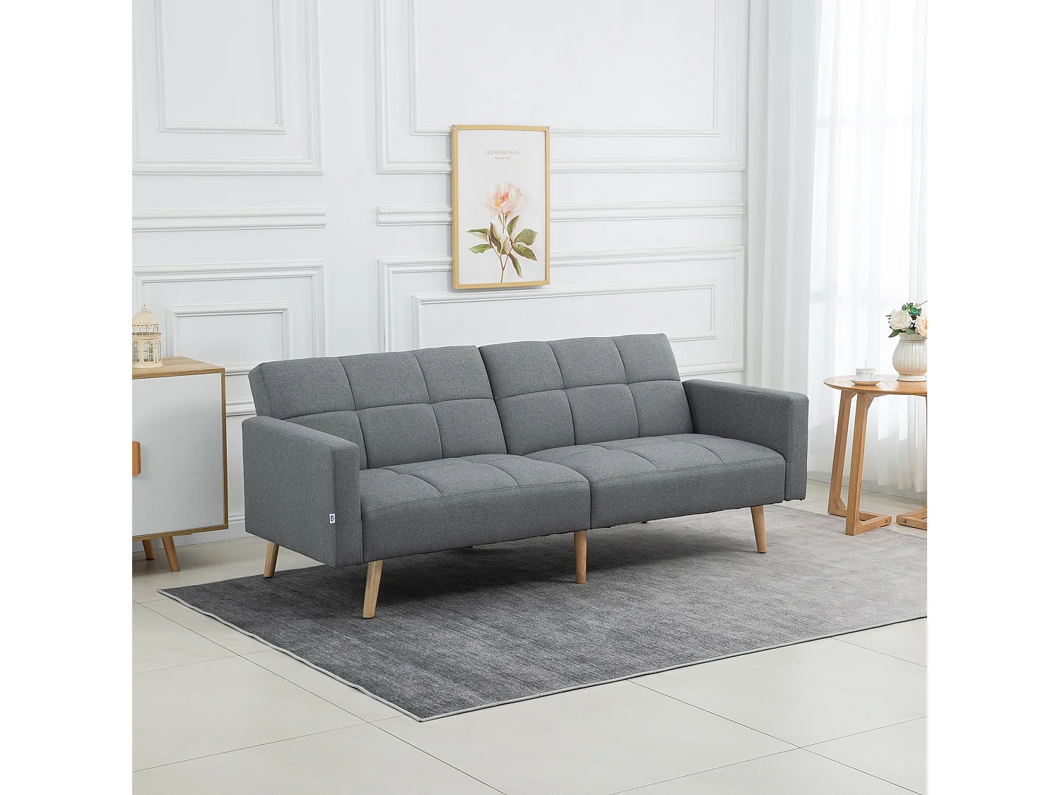 Canapé convertible 2 places design scandinave dossier inclinable 3 positions piètement bois tissu aspect lin gris