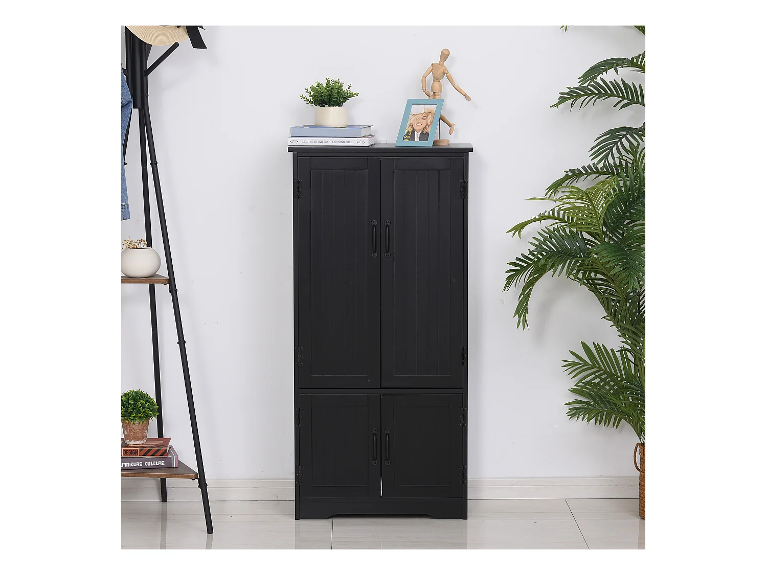 Armoire de cuisine contemporaine multi-rangements 2 placards 3 étagères MDF panneaux particules noir