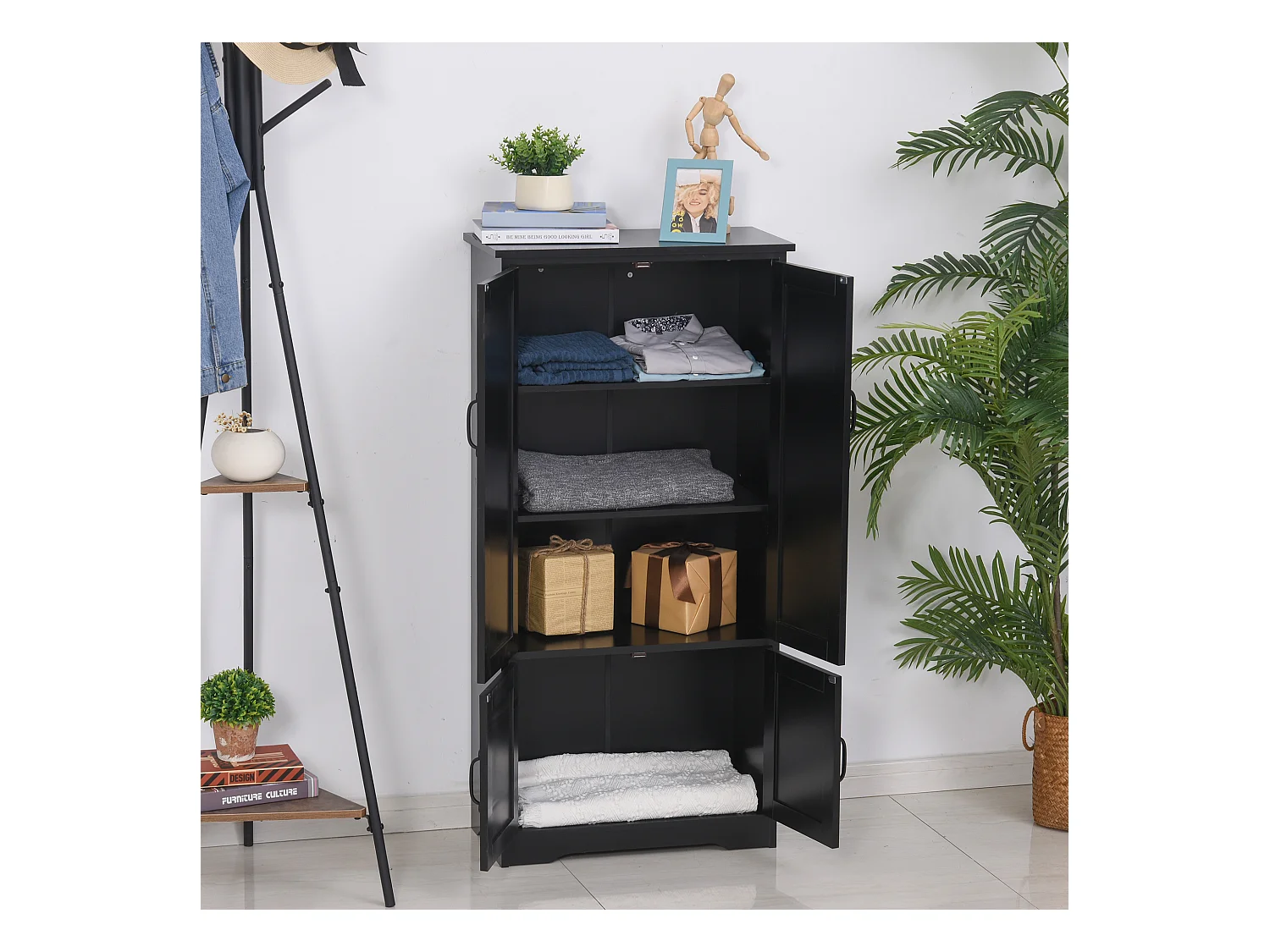 Armoire de cuisine contemporaine multi-rangements 2 placards 3 étagères MDF panneaux particules noir