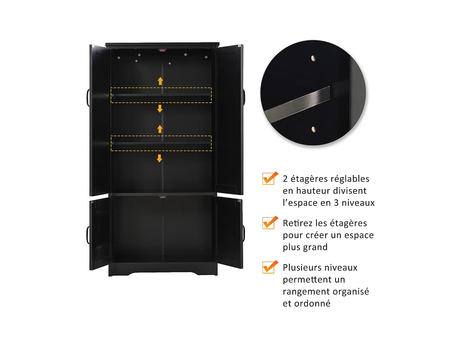 Armoire de cuisine contemporaine multi-rangements 2 placards 3 étagères MDF panneaux particules noir